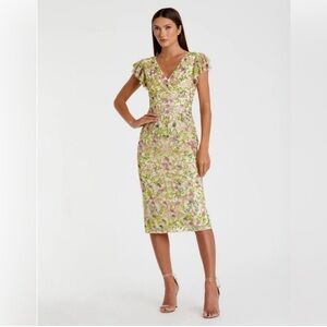 $598 Mac Duggal 5722 Floral Embellished Flutter Cap Sleeve Dress Midi Size 4 NWT